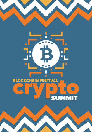 Crypto Summit. Blockchain Festival. Digital money and smart online technology. Finance, banking and business illustration. Cryptocurrency mining. Bitcoin logo. Flat design. Vectorのイラスト素材