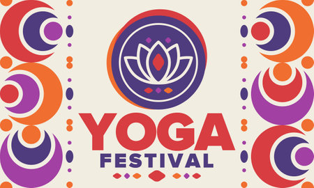 Yoga Festival. Healthy Living. An event to explore yourself and find harmony. Meditations, fitness exercises and work on the balance of mind and body. Yoga workout. Lotus flowerのイラスト素材