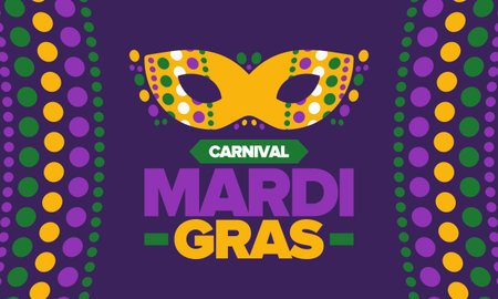 Mardi Gras Carnival in New Orleans. Fat Tuesday. Traditional folk festival with parade and celebration. Annual holiday. Costume masquerade, fun party. Carnival mask. Vector posterのイラスト素材