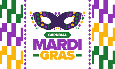 Mardi Gras Carnival in New Orleans. Fat Tuesday. Traditional folk festival with parade and celebration. Annual holiday. Costume masquerade, fun party. Carnival mask. Vector posterのイラスト素材