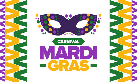 Mardi Gras Carnival in New Orleans. Fat Tuesday. Traditional folk festival with parade and celebration. Annual holiday. Costume masquerade, fun party. Carnival mask. Vector posterのイラスト素材
