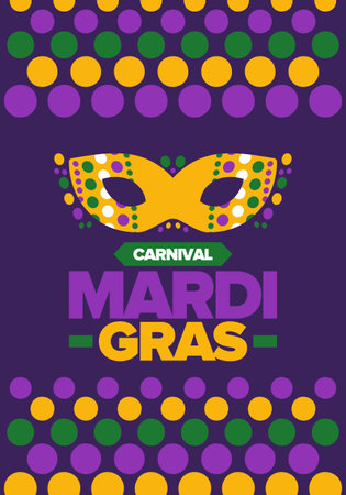 Mardi Gras Carnival in New Orleans. Fat Tuesday. Traditional folk festival with parade and celebration. Annual holiday. Costume masquerade, fun party. Carnival mask. Vector posterのイラスト素材