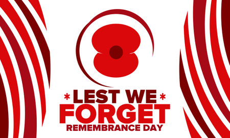 Remembrance Day. Lest we Forget. Remembrance poppy. Poppy day. Memorial day observed in Commonwealth member states to honour armed forces members. Red poppy. Vector posterのイラスト素材
