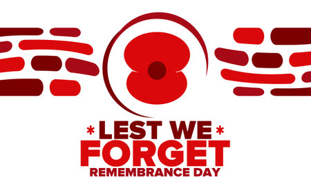 Remembrance Day. Lest we Forget. Remembrance poppy. Poppy day. Memorial day observed in Commonwealth member states to honour armed forces members. Red poppy. Vector posterのイラスト素材