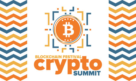 Crypto Summit. Blockchain Festival. Digital money and smart online technology. Finance, banking and business illustration. Cryptocurrency mining. Bitcoin logo. Flat design. Vectorのイラスト素材
