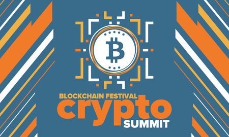 Crypto Summit. Blockchain Festival. Digital money and smart online technology. Finance, banking and business illustration. Cryptocurrency mining. Bitcoin logo. Flat design. Vectorのイラスト素材