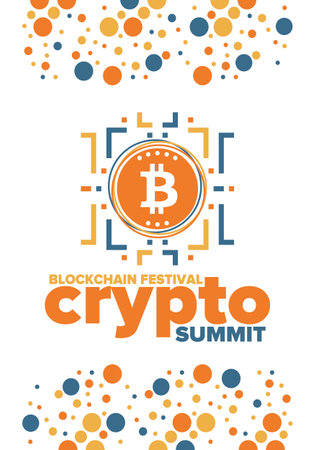 Crypto Summit. Blockchain Festival. Digital money and smart online technology. Finance, banking and business illustration. Cryptocurrency mining. Bitcoin logo. Flat design. Vectorのイラスト素材