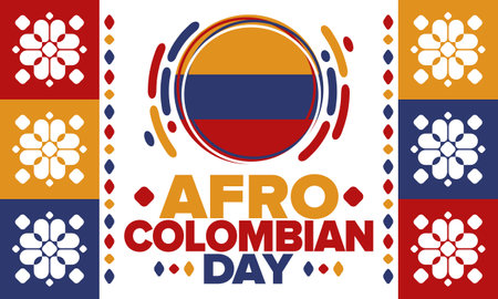 Afro-Colombian Day in Colombia. Celebrate annual in May 21. Freedom day poster. National holiday. Colombian flag. Afro-Colombian culture, history and heritage. Tradition patternのイラスト素材