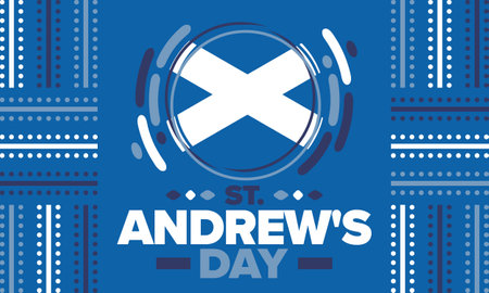 Saint Andrew's Day in Scotland. National day in Scotland. Happy holiday Andermas, celebrated annual in November 30. Scottish flag. Patriotic elements. Poster, card, bannerのイラスト素材