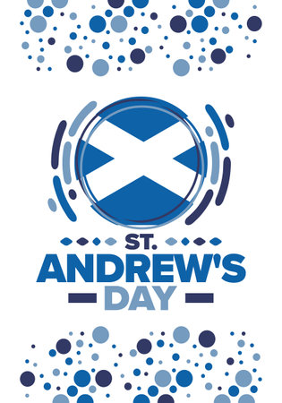 Saint Andrew's Day in Scotland. National day in Scotland. Happy holiday Andermas, celebrated annual in November 30. Scottish flag. Patriotic elements. Poster, card, bannerのイラスト素材