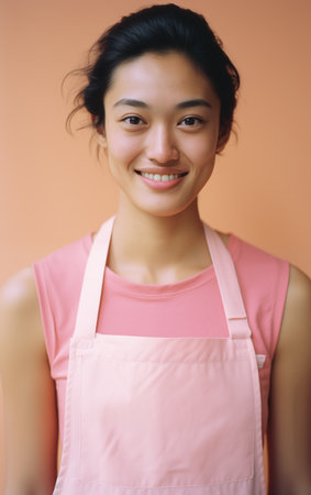 Portrait of a smiling young asian woman in pink apronの素材