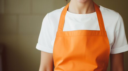 Portrait of a female worker wearing orange apron and white t-shirtの素材
