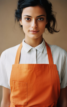 Portrait of a beautiful young woman in apron looking at cameraの素材