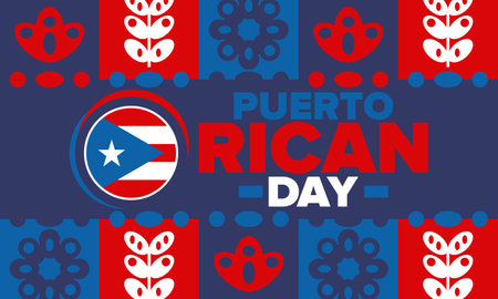 Puerto Rican Day. National happy holiday. Festival and parade in honor of independence and freedom. Puerto Rico flag. Latin american country. Patriotic elements. Vector posterのイラスト素材