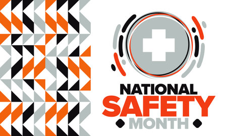 National Safety Month in June. Annual month-long celebrated in United States. Warning of unintentional injuries at work, at home, on the road. Safety concept. Vector posterのイラスト素材
