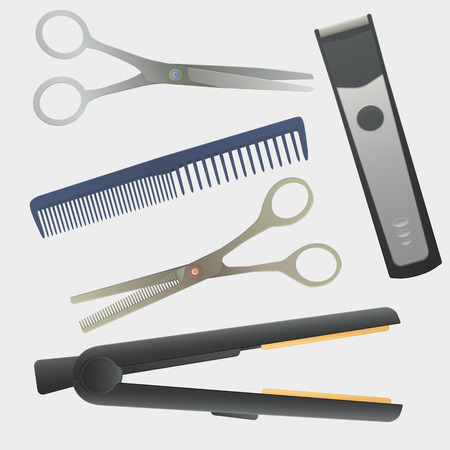hairdressing tools. realistic illustration. hairdressing instruments. Comb, scissors, thinning scissors, hair machine, hair straightener.のイラスト素材