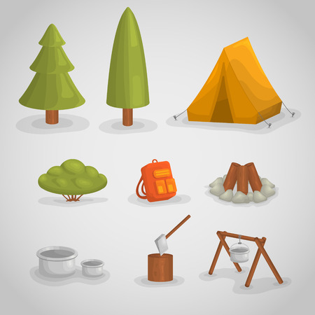 Hiking and camping. icons forest camping set with a pine or fir tree, tent, bush, dishes, backpack, campfire.のイラスト素材
