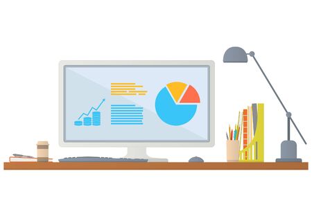 Workplace in office. flat illustration. Modern workplace. Computer desk. Office desk. illustration isolated on white background.のイラスト素材