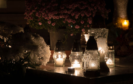 Candles for All Souls Day in the cemeteryの写真素材