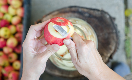 Making of apple vinegar - scene from above - hand peeling applesの写真素材