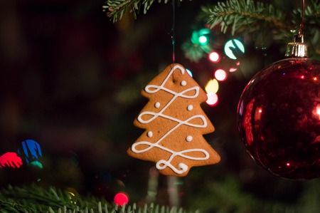 Gingerbread hanging on the christmas tree with light garland and glass spheresの写真素材