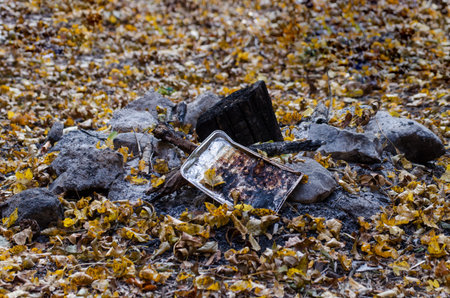 Tourists left behind trash in the campfire - forest pullutionの写真素材