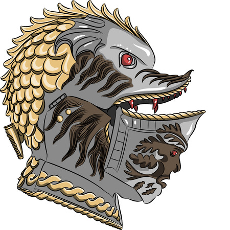 vector medieval knight's helmet decorated with gold isolated on white backgroundのイラスト素材