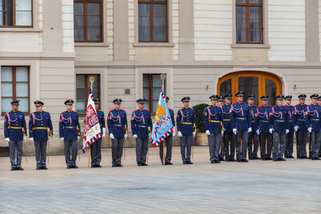 Prague, Czech Republic - September 30, 2014: Soldiers guard of honor near the Presidental palace.のeditorial素材