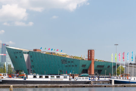Amsterdam, Netherlands - July 31, 2014: The largest educational museum of science and technology. On the roof of which is a children's park with cascading fountains.のeditorial素材