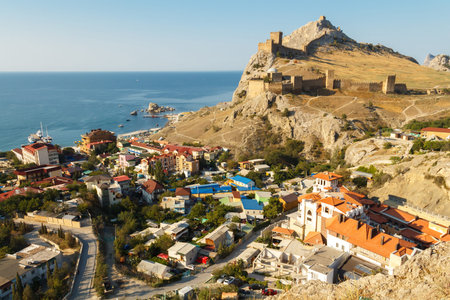 Sudak, Ukraine - August 27, 2013: The walls and towers of the ancient Genoese fortress in Sudak. Ukraine, Crimea.のeditorial素材