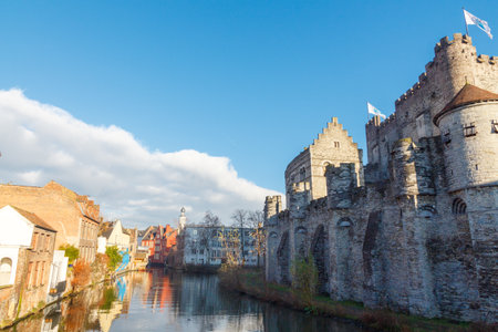 Ghent, Belgium - December 30, 2014: The historic center of Gent.Castle and fortress Count of Flanders.  Built in 868, today a popular tourist attraction and museum.のeditorial素材