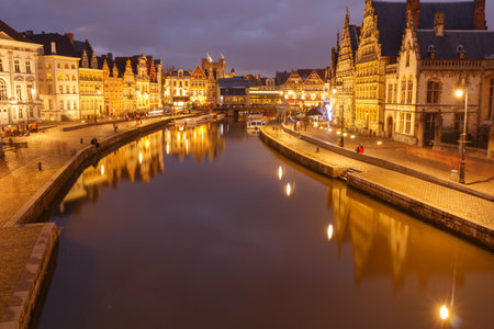 Ghent, Belgium - December 30, 2014: The historic center of Gent, embankment Graslei. Former center of the medieval harbor.のeditorial素材