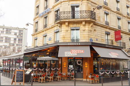 Paris, France - December 22, 2014: Traditional Parisian street cafe Odessa.  Located not far from the Montparnasse Tower.のeditorial素材