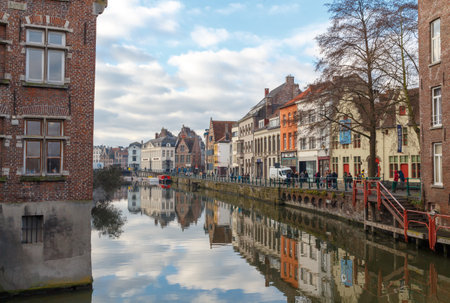 Traditional old Belgian houses built along the canals of Ghent.のeditorial素材