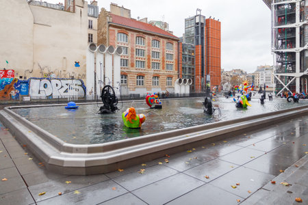 Paris, France - December 19, 2014:  Stravinsky Fountain in Paris near the Arts Centre Pompidou. Consists of 16 colorful moving sculptures.のeditorial素材