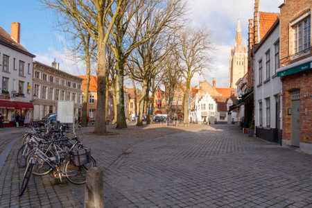 Bruges, Belgium - December 25, 2014: Ancient medieval streets in the historic center of Bruges. One of the attractions of the city.のeditorial素材