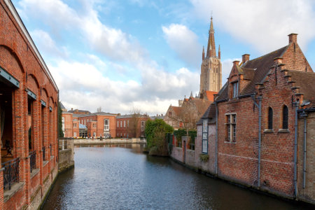 Bruges, Belgium - December 25, 2014: Embankment near the Hospital of St. John morning.のeditorial素材