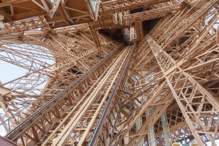 Paris France May September 2014: Mine highrise elevators at the Eiffel Tower in Paris. The tower 301 meters.のeditorial素材