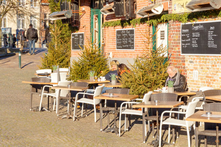 Bruges Belgium December 28 2014: Old hotel restaurant in the historic center of Bruges. The house in the traditional Belgian style.のeditorial素材