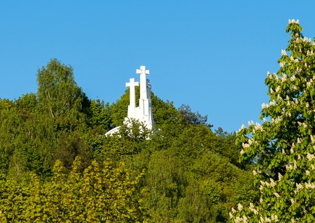 The composition of the three crosses on Bald Mountain in Vilnius Lithuania. In memory of those killed Franciscan monks.の写真素材