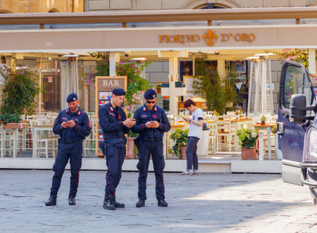 Florence Italy May 18 2015: Carabinieri in the Republic Square ensure the safety of people. National Military Italian police. Elite division ..のeditorial素材