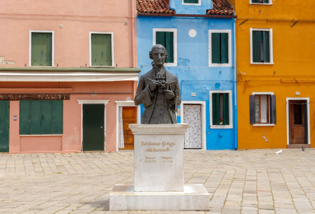 Venice Italy May 21 2015: Central square and monument Baldassare Galuppi byname Il Buranello on the famous island Burano. のeditorial素材