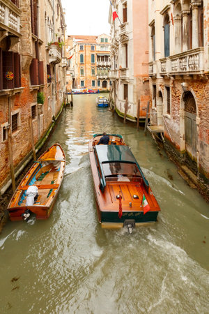 Venice, Italy - May 21, 2015: Water taxi in Venice. Boat taxis in Venice, one of the most popular and user-friendly modes of transport in the city.のeditorial素材