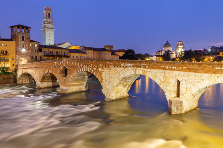Verona, Italy - May 25, 2015:  View of the bridge of St. Peter from the observation deck of the castle of St. Peter on the Sunset.のeditorial素材