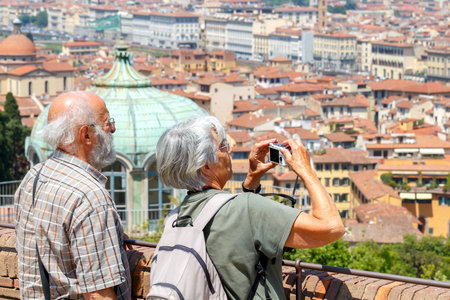 Florence, Italy - 17 May 2015: Tourists admire the view of Florence from Fort Belvedere.のeditorial素材