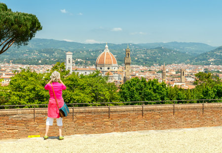 Florence, Italy - 17 May 2015: Tourists admire the view of Florence from Fort Belvedere.のeditorial素材