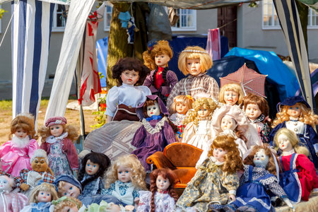 Gdansk, Poland - August 4, 2015: Tent with dolls at the fair of St. Dominic in Gdansk. The tradition of the fair is already 750 years.のeditorial素材