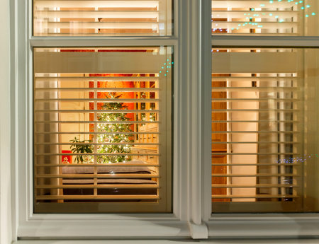 Decorated Christmas tree outside the window of an old house with shutters in Bruges .