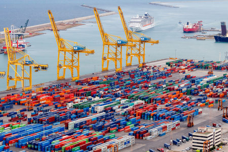 Barcelona, Spain - September 4, 2015: View of the cargo port and container terminal of Barcelona...