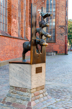 Riga, Latvia - 15 October, 2015: Sculpture Bremen musicians in the city center. Personifies the downfall of the Berlin Wall.のeditorial素材